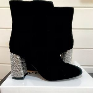 New in box Size 8.5 Black Booties with Crystal Rhinestones around the heels